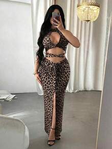 SHEIN SXY 女士豹纹性感镂空吊带背心和迷你裙两件套 - 彩色 - 查看 6