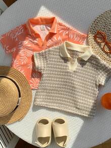 SHEIN 2件套男婴男女通用休闲条纹短袖polo衫，适合生日派对、锐舞派对、晚宴、演出、婚礼、迎婴派对、洗礼、一周岁生日庆祝、婚礼宾客、迎婴派对洗礼婴儿服装男女通用夏季服装 - 彩色 - 查看 5