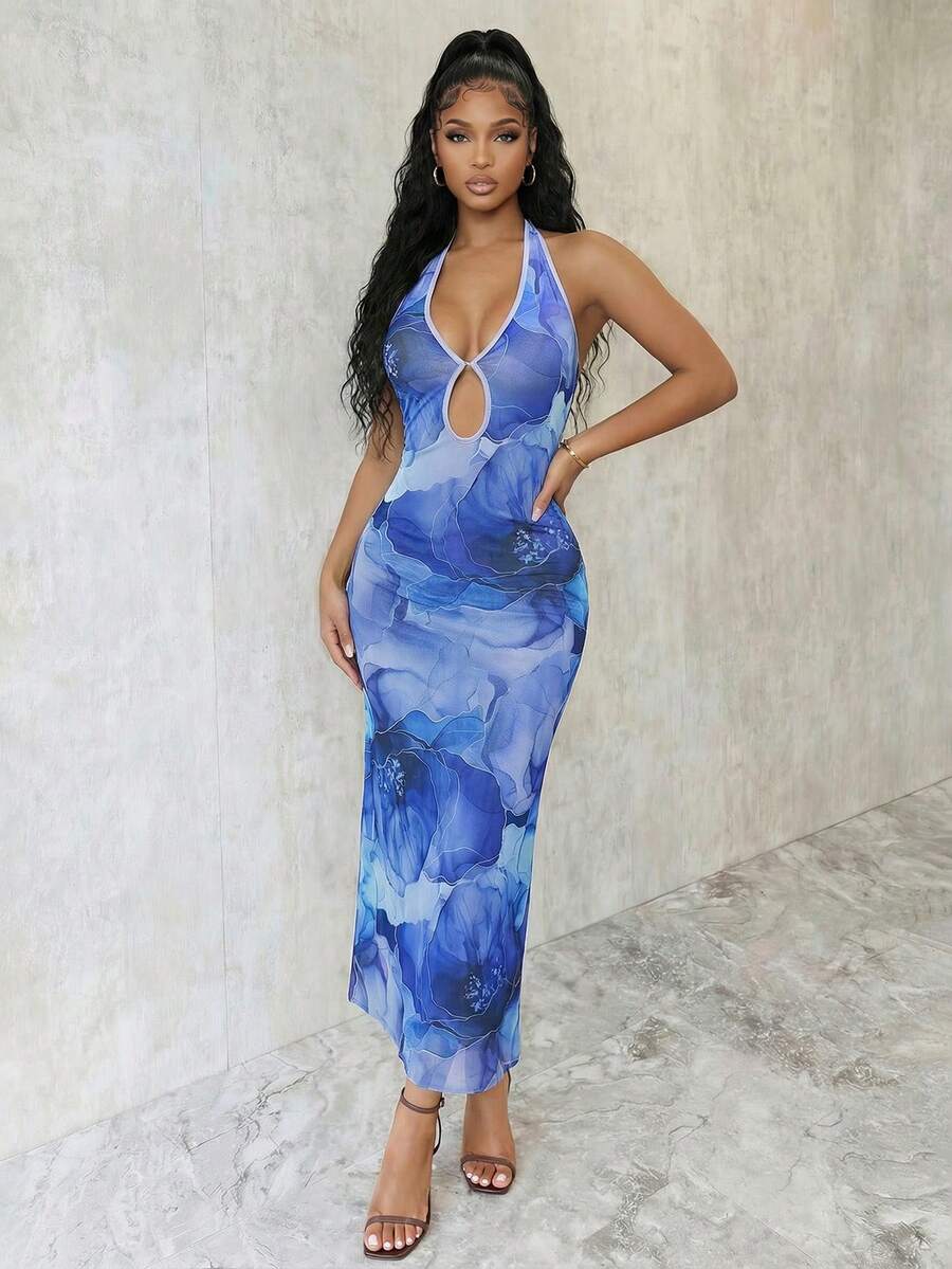 Eryvara 女士性感深V领露背修身鱼尾印花连衣裙，显瘦，春夏款 - 藍色 - 查看 1