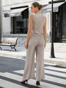 Women's Spring/Summer Striped 2-Piece Set, V-Neck Tie Waistcoat Vest And Straight Leg Pants, Fashionable For Commuting - Multicolor - View 3