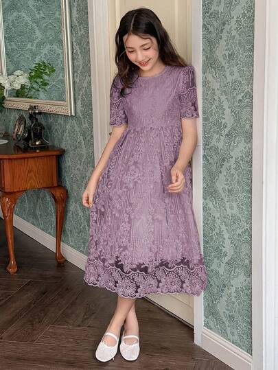 DAZY Tween Girl Floral Embroidery Decor Round Neck Casual Vacation Everyday Dress