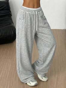 SHEIN Tween Girls' Loose Casual Minimalist Comfortable Mid-Waist Contrast Color Drawstring Decor Sweatpants, Autumn/Winter Fall - Grey - View 4