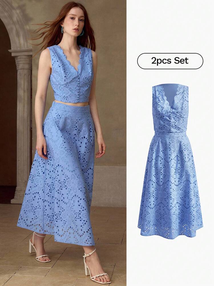WOMEN'S EYELET EMBROIDERY TANK TOP AND SKIRT 2 PIECES SET, SPRING/SUMMER