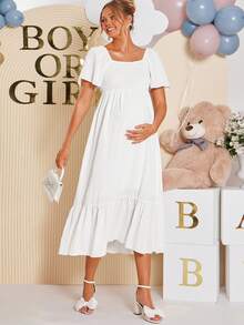 SHEIN Elegant Party Solid Color Ruffle Hem Maternity Dress,Gender Reveal Dress,Maternity Dress, Baby Shower Dress,  Luxury Evening Dresses For Women - White - View 7