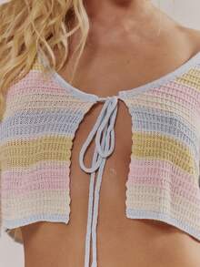 MUSERA Áo dài tay móc họa tiết kẻ sọc, buộc dây phía trước, thích hợp cho mùa xuân hè, dễ thương, nữ tính, đi nghỉ mát, đi biển, mặc hàng ngày, màu kem. - Nhiều màu - Xem 6