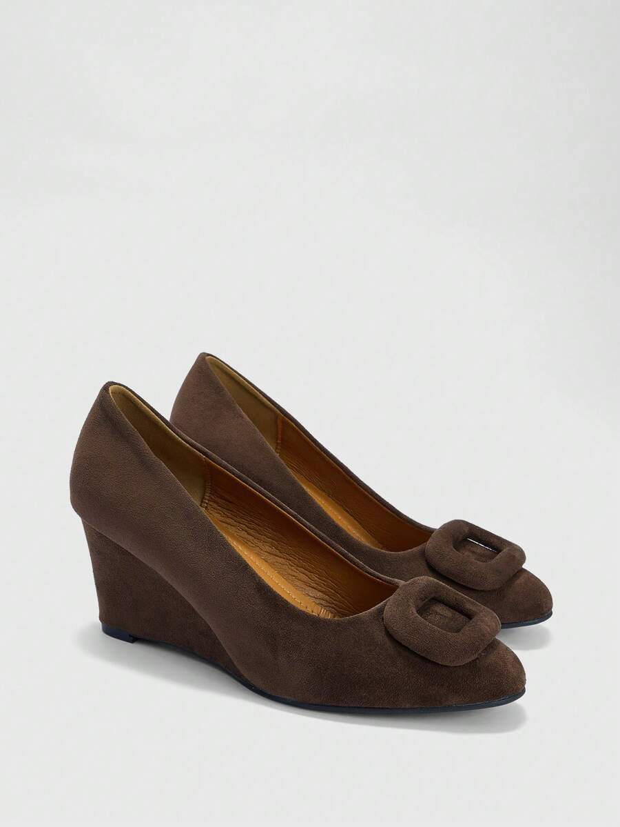 CUCCOO BIZCHIC Coffee Brown Wedge Heel Low Vamp Shoes With Square Buckle Decoration, Simple And Gentle Style, Commuting, Daily Fashion Style - Coffee Brown - View 1
