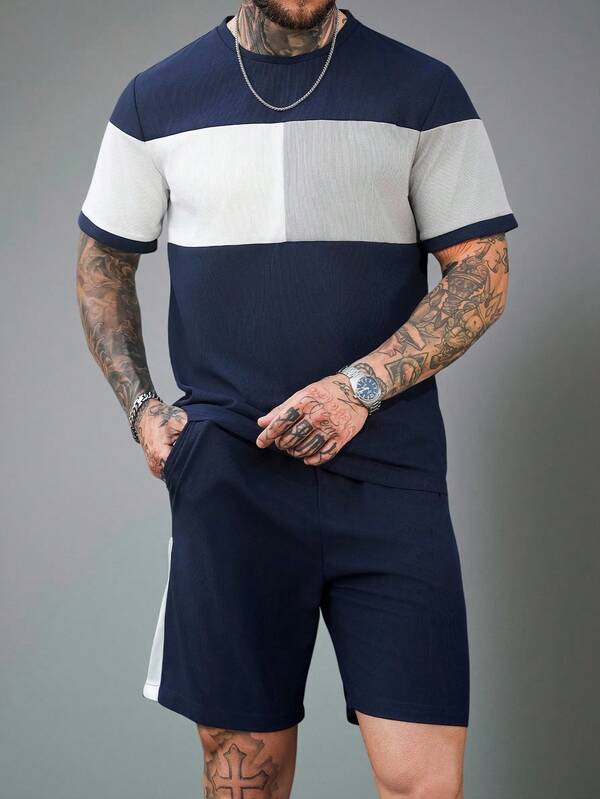 Manfinity CasualCool Men's Casual Contrast Color Short Sleeve T-Shirt Set Casual Two Piece Set Men Men Summer Sweatsuit Men Color Block Sets Men Two Piece Set Summer Men 2 Piece Set Stripe Old Money,Daily Leisure, Weekend Trips, Outdoor Activities, Travel Expeditions, Relaxed Work Environments Or Semi-Formal Occasions, Boyfriend/Husband Gift, Anniversary /Birthday Gift Party Summer Vacation Holiday,Wedding,Spring To Summer Men Cruise Outfit Yacht Outfit Men Men Beach Outfit Set