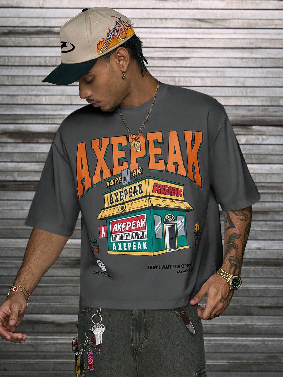 Men's Round Neck AXEPEAK Front Print Short Sleeve T-Shirt - Grey - View 1