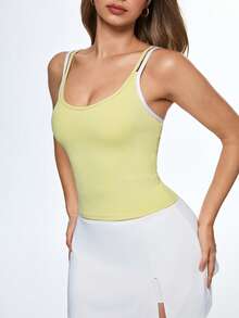 Eassivo 女士二合一吊带运动上衣瑜伽服 - 黃色 - 查看 6