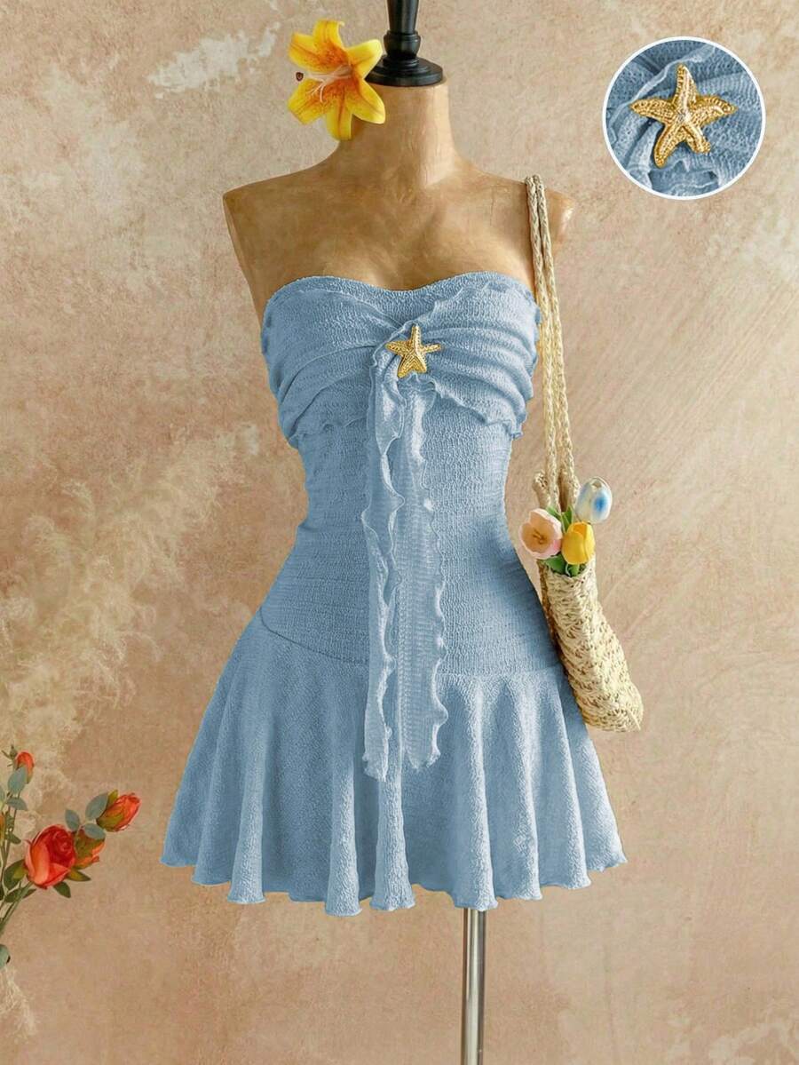 Sweetra Đầm ngắn nữ màu vàng dệt kim jacquard họa tiết sao biển kim loại, viền bèo nhún, thắt eo, phong cách bohemian thanh lịch, thích hợp dự tiệc, hẹn hò, thường ngày, đa năng, mùa xuân/hè. - Màu xanh lam - Xem 1