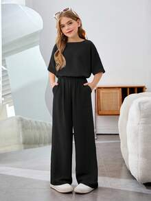 Firerie Kids Firerie Kids Set 2 Potong Nova Glow untuk Liburan Anak Perempuan Remaja, Warna Polos, Leher Bulat, Lengan Pendek - Hitam - View 3