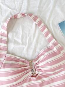 SHEIN 青少年女孩條紋掛脖背心與短褲休閒套裝 - 黑色 - 查看 4