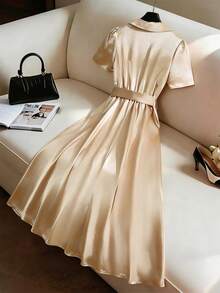GlowEve CURVE Plus Size V-Neck Comfortable Elegant Versatile Commuting Dress, Waist Cinching Slimming Stylish - Champagne - View 2