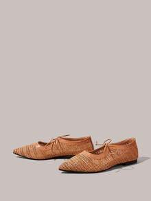 Styleloop Giày bệt nữ, kiểu dáng slip-on, điểm nhấn nơ, chất liệu vải rơm dệt, phong cách nghỉ dưỡng/BOHO, kiểu Mỹ cổ điển Bohemian miền Tây, thích hợp cho các lễ hội âm nhạc, tiệc tùng, hở gót, phù hợp cho mùa nghỉ lễ, xuân/hè. - Màu cà ri nhạt - Xem 3