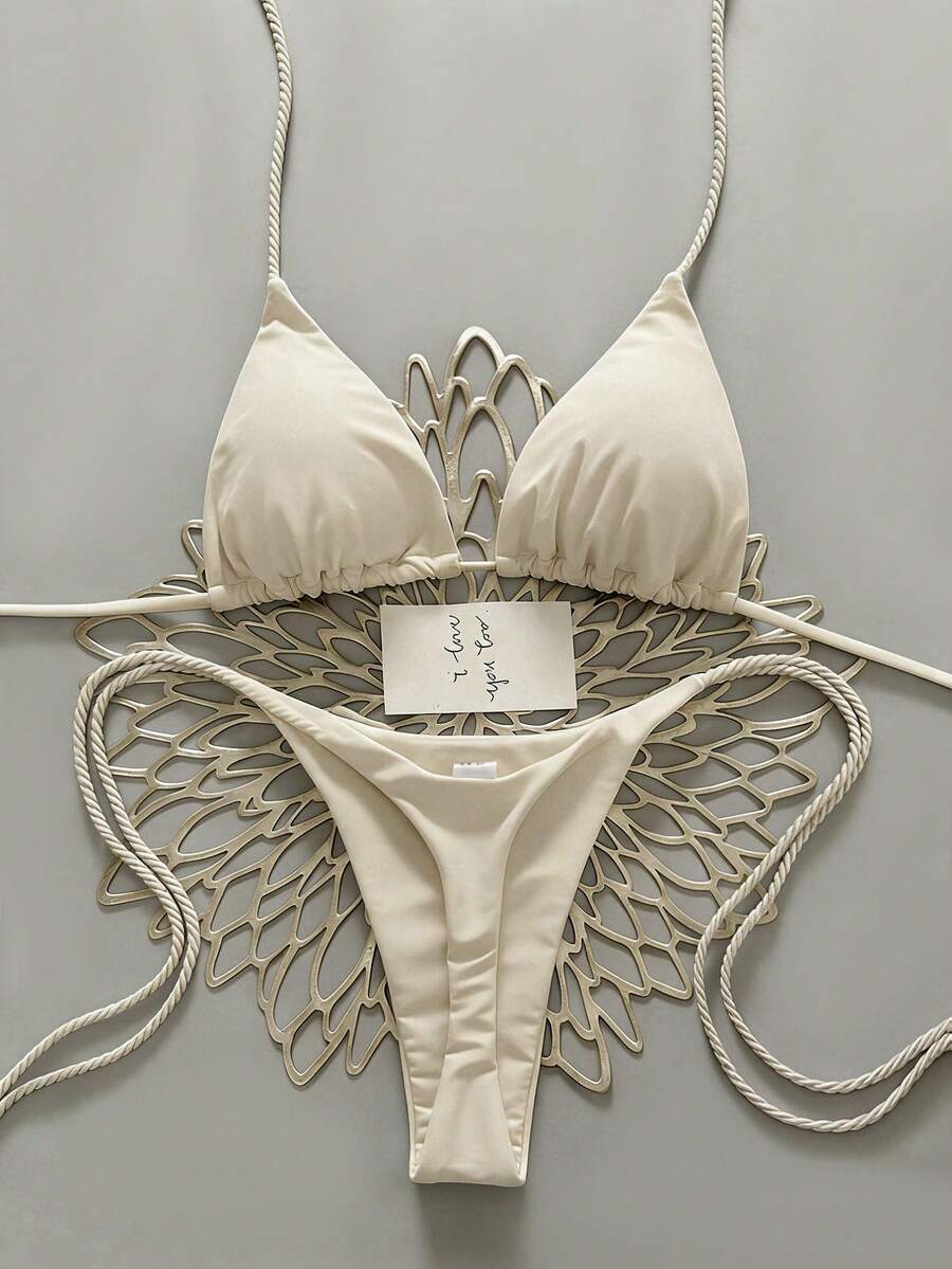 Swim Vcay 2件套女士杏色比基尼泳装套装,手工绳结装饰泳衣比基尼套装,女士褶皱泳衣比基尼 - 杏色 - 查看 1