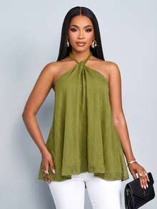 SOLERSUN 女士优雅露背绒球闪亮雪纺多层挂脖吊带背心，非常适合春夏穿着、休闲装、度假、音乐节和轻度派对。 - 綠色 - 查看 3