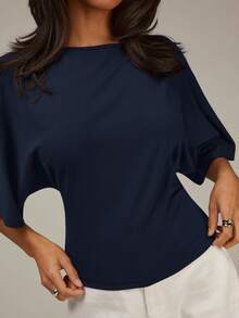 Athîral Áo thun nữ màu trơn tối giản cổ tròn hở lưng buộc dây - Màu xanh hải quân - Xem 5