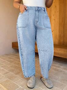 Dripcurv Quần jeans ống rộng có túi dành cho nữ cỡ lớn - Rửa nhẹ - Xem 3