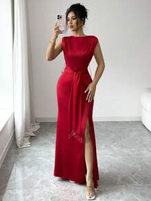 SHEIN Elenzya 无袖束腰珍珠流苏装饰优雅浪漫精致女士派对礼服 - 紅色 - 查看 1