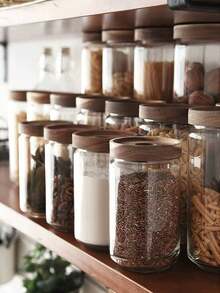 1PC Glass Storage Jar With Wooden Lid, Sealed Transparent Glass Jar, Suitable For Pantry Kitchen Organization, Home Decor Storage Solution, Home Organization, Suitable For Storing Sugar, Salt, Tea, Grains, Coffee Beans - Round Hole Acacia Wood Cover - View 5