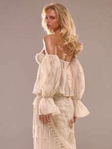 MUSERA 露肩编织褶皱飘逸上衣 夏季度假海滩伊比沙岛可爱节日优雅樱桃月 - 杏色 - 查看 4