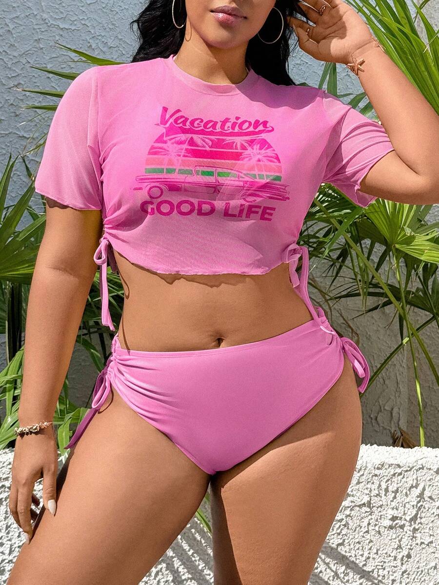 Swim Vcay Ensemble de 3 pièces grande taille avec imprimé de plantes tropicales, comprenant un cache-maillot, un débardeur et un maillot de bain bikini pour femmes. Mode décontractée pour les vacances à la plage - Rose bonbon - Voir 1