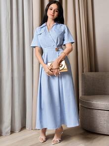Modelyn Elegant Striped Shirt Collar Dress For Commuting - Blue and White - View 3