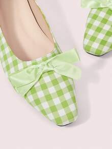 CUCCOO DOLLMOD Women's Green And White Plaid Square Toe Low Vamp Shoes, Satin Bow Flats, Fresh And Sweet Daily Commuting Versatile Women's Shoes - green and white - View 9