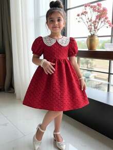 Elladie kids 女童圓領蕾絲荷葉邊時尚派對泡泡袖洋裝 - 紅色 - 查看 3