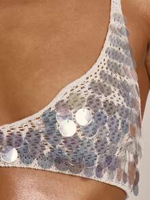 MUSERA 钩针编织大亮片露脐文胸上衣，春夏优雅度假伊比沙岛俱乐部场合性感贝壳海岸 - Volcanic Gray - 查看 6