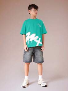 SUMWON Boys Crew Neck Short Sleeve Tee With White Graffiti Print Design Casual Summer Top - Green - View 3