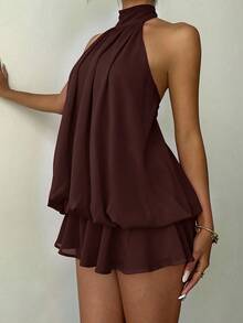 Elegant Women's Mini Dress With Halter Neck And Bow In Light Yellow - Café - View 5
