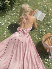 SHEIN MOD 粉色露背蝴蝶结连衣裙，浪漫 - 粉色 - 查看 2