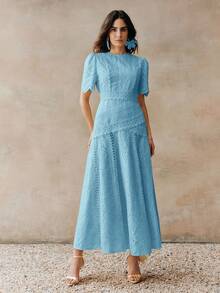 优雅花卉饰边圆领收腰短袖连衣裙（女款） - 藍色 - 查看 3