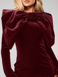 MISSGUIDED Luxurious Velvet Mini Dress With Bow Detail Long Sleeves Bodycon Fit Holiday Party Evening Formal Winter Occasion - Burgundy - View 4