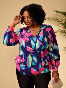 BrightlyHer Plus Size Women's Floral Print Overlap V-Neck Ruched Fashion Blouse,Summer/Spring/Vacation Resort Wear Holiday Beach Vacation - Multicolor - View 6