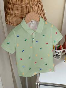 SHEIN 1 件年轻男孩休闲校园风格皇冠印花短袖 Polo 衫，舒适百搭，适合户外玩耍和上学，春夏季 - 薄荷綠 - 查看 5