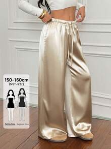 SHEIN PETITE Falda larga de satén de color marrón jaspeado de cintura baja, versátil y de estilo retro casual para mujer - Caqui - Ver 7