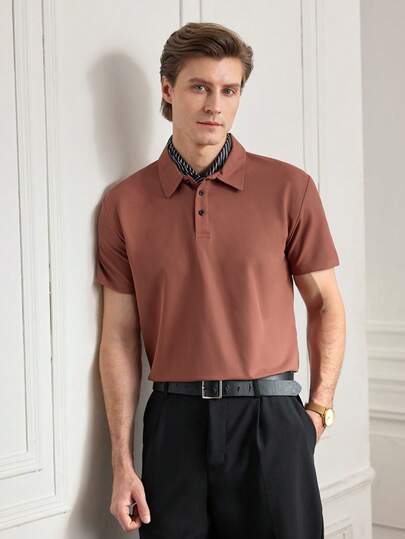 Officeau 男士纯色宽襟华夫格菠萝印花短袖 Polo 衫，休闲轻便商务正装