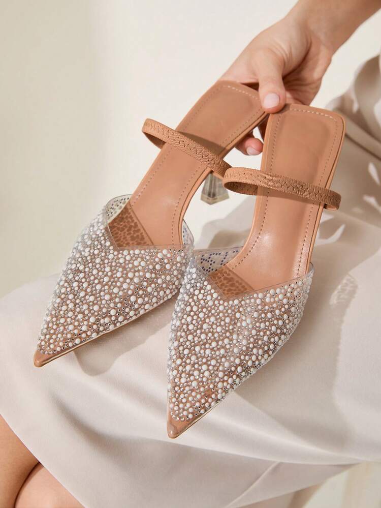 CUCCOO CHICEST Pearly Rhinestone Transparent Strap Apricot Pointed Toe High Heel Sandals, Sexy & Elegant Backless Ladies Shoes For Christmas Elegant Shoes Wedding Shoes Summer Shoes Bride Shoes