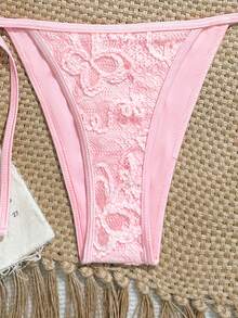 Swim Mod 女士夏季沙滩纯色挂脖系带休闲比基尼和三角泳裤套装 - 粉色 - 查看 10