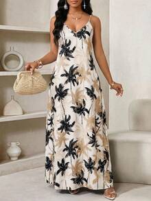 SHEIN Lady 女士吊带V领无袖口袋印花连衣裙 - 彩色 - 查看 4