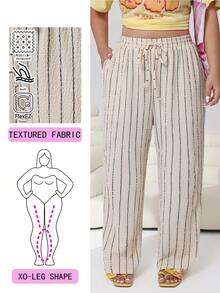 Solflare Plus Size Casual Striped Drawstring Waist Pants - Cream - View 1