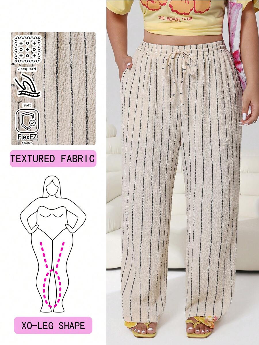 Solflare Plus Size Casual Striped Drawstring Waist Pants - Cream - View 1