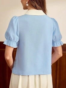 Vintamour 复古优雅女士衬衫，花卉刺绣，撞色滚边，珍珠纽扣，休闲度假上衣，夏季上衣，夏季女装，春季女装，春季女装，复活节女装，优雅女士衬衫，休闲女衬衫，白色上衣，度假女装，夏季女装 - 淺藍色 - 查看 6