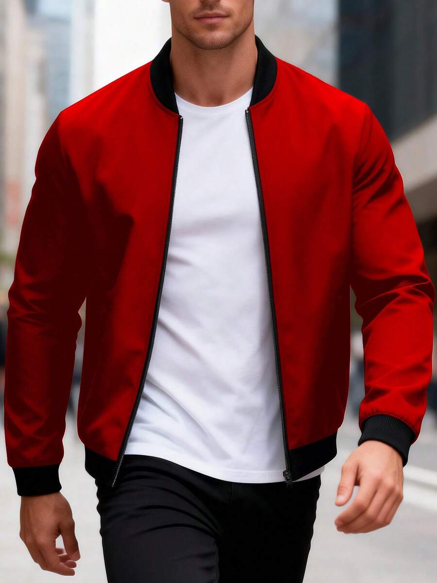 Manfinity Homme Áo khoác nam thời trang thường ngày có khóa kéo, phối màu tương phản - Đỏ - Xem 1