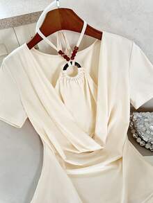 GlowEve Áo thun ngắn tay ôm dáng mùa hè màu mơ, kiểu dáng 2 trong 1, cổ Pháp, đính hạt cườm, buộc dây phía trước, dành cho nữ. - Màu be - Xem 4