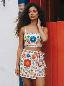 CAJUNI Floral Print Camisole And Tie-Front Shorts 2 Pieces Casual Vacation Set - Beige - View 8