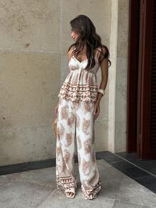 Pariaura Women's Floral Print Set - Floral Print Camisole + Wide Leg Pants, Vacation Style, Beach Outfit, Women's Beach Wear, Women's Elegant Outfit, Women's Vacation Outfit, Summer Holiday Outfit, Women's Holiday Outfit, Women's Summer Set Bohemian Outfit For Women Boho Terno Woman Two Pieces Outfit Women Vacation Outfit Sets Women's Holiday Co Ord - Apricot - View 4
