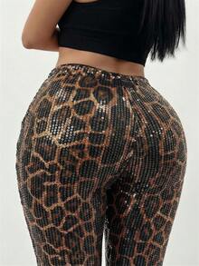 SHEIN SXY Women's Leopard Print Sequin Embellished Capri Pants,Club ,Sexy ,Western ,Rave Outfits ,Party ,Cowgirl Outfits, Leopard Print , Capris, Cheetah Print ,Sequin,Summer, Leopard Capri Pants, Capris For Women Dressy, Shiny Pants ,Sequin - Multicolor - View 6